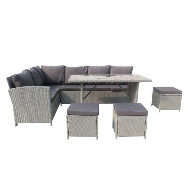 9 Seater Corner Sofa Set with Dining Table &amp; Stool, Rattan Sofa