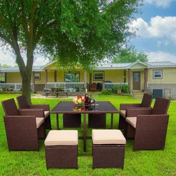 8 Seater Garden Sofa Furniture Set with Chair, Stool and Dining Table