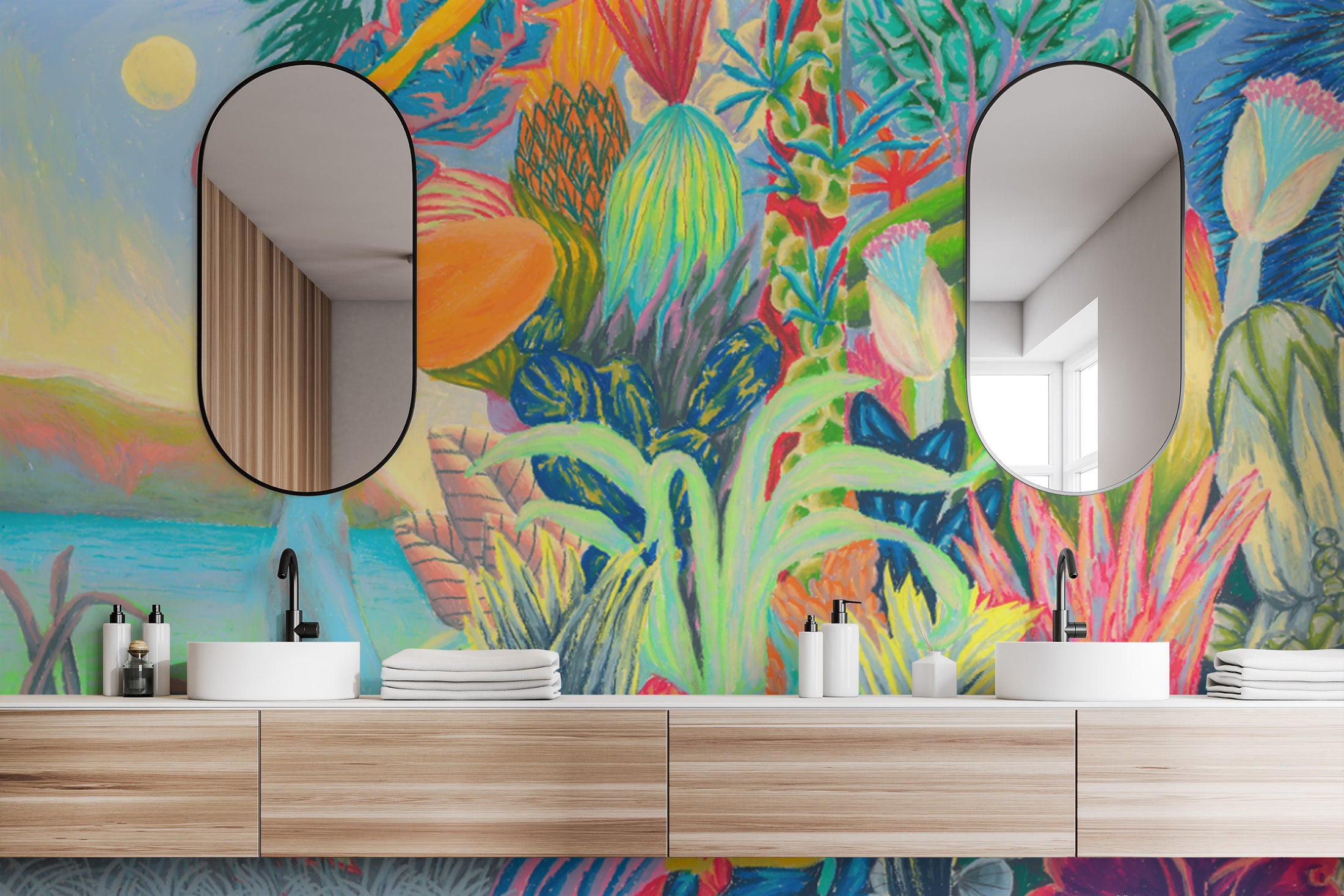 Colorful surreal art wallpaper with tropical plants and fantasy elements.