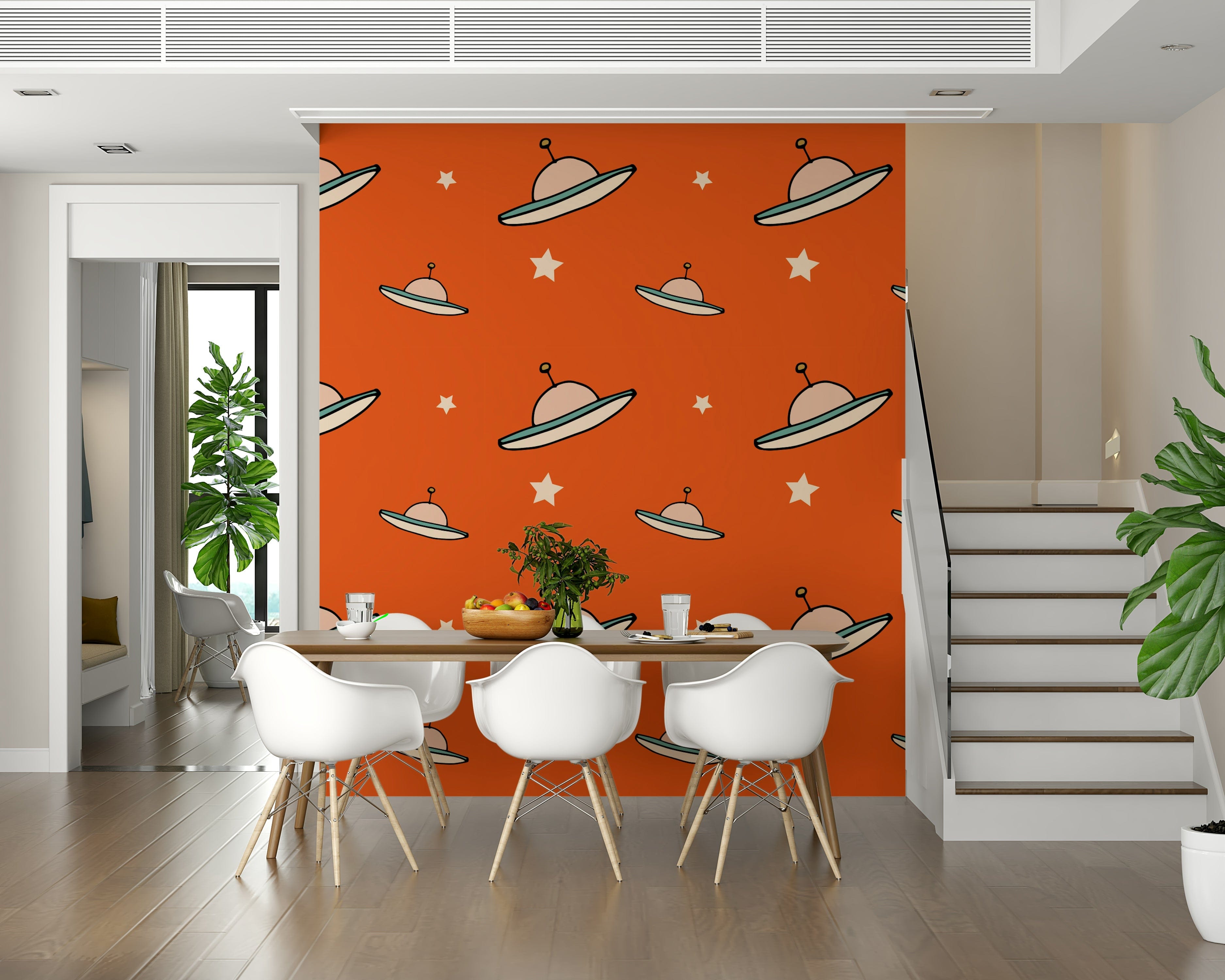 Orange art wallpaper featuring minimal vintage UFO pattern for retro interiors.