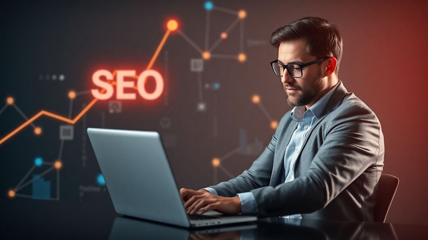 SEO expert working on laptop, digital growth