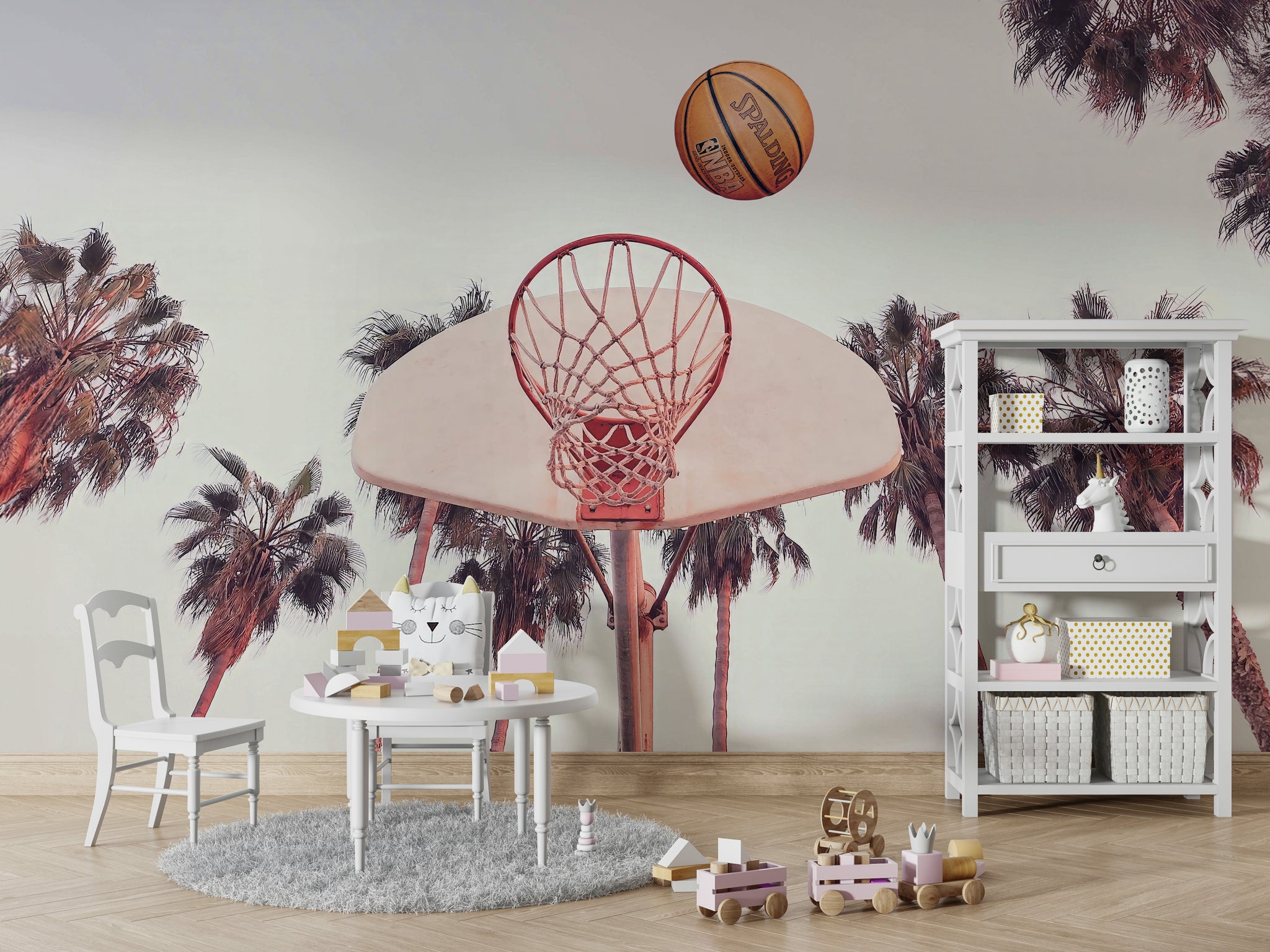 Dynamic basketball action wall mural designed for teen bedroom decor