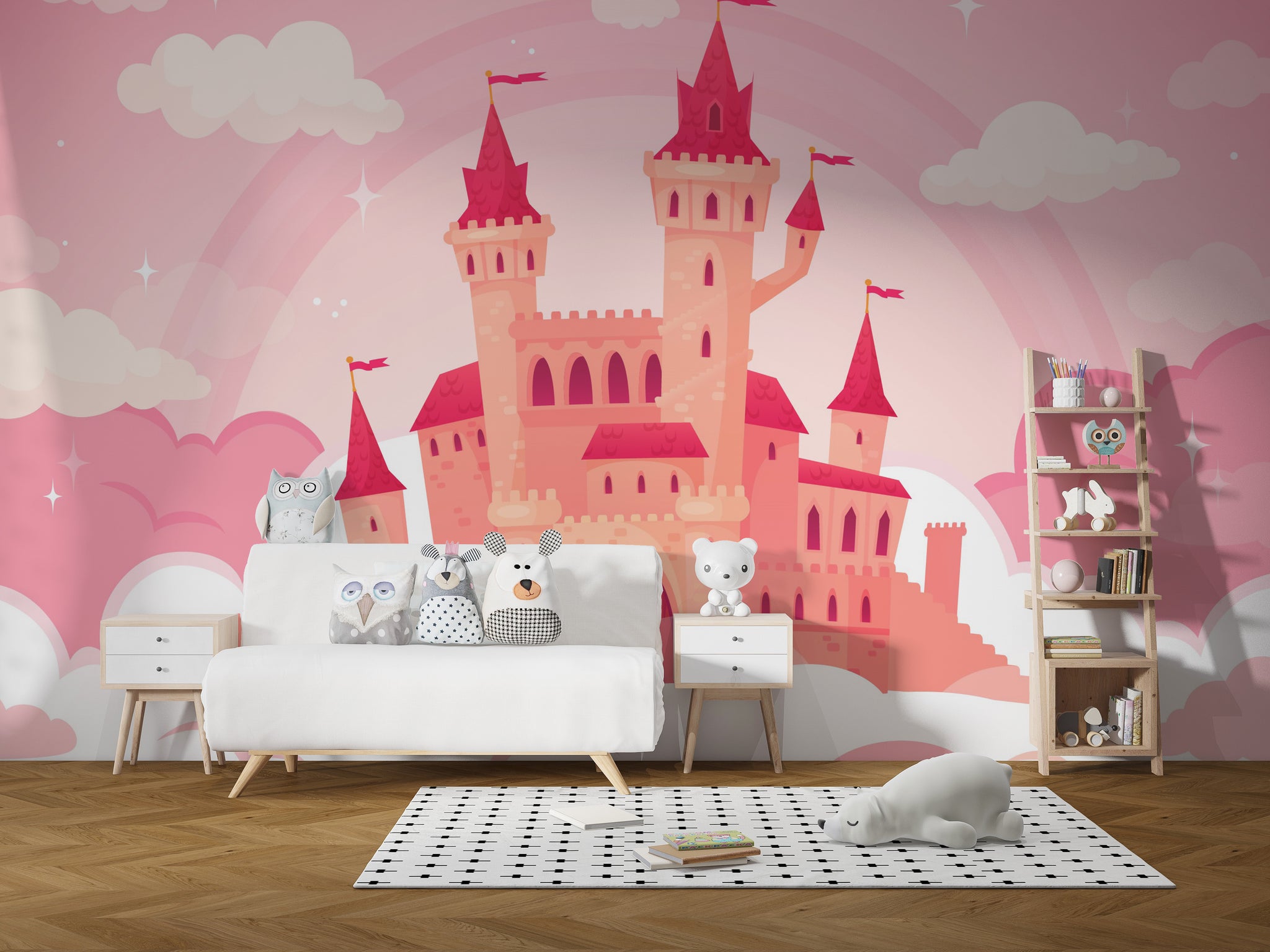 Pink cloud and cartoon castle fantasy wallpaper mural for teen rooms